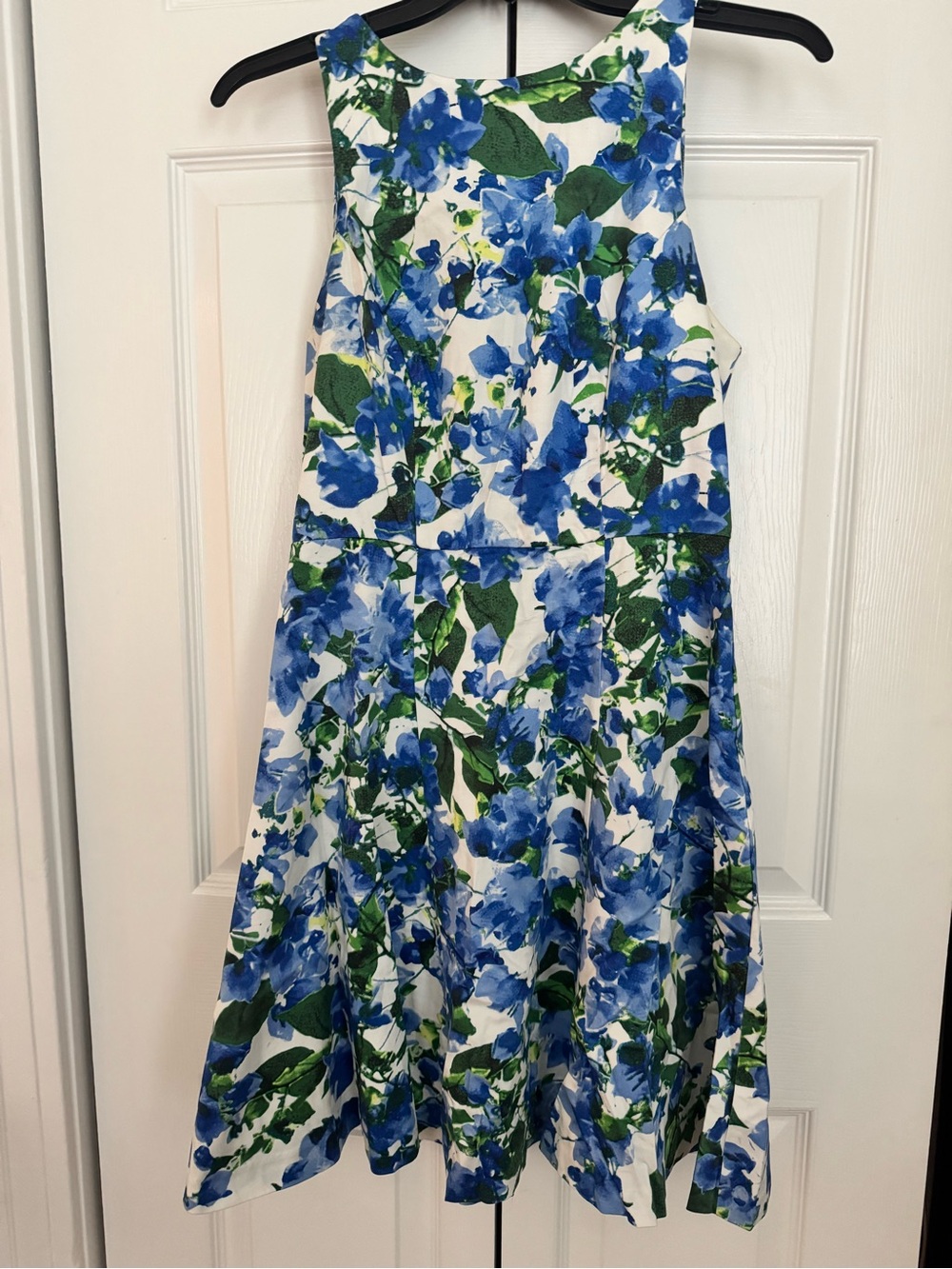 Milly White Dress with Blue Floral and Green Leaves
